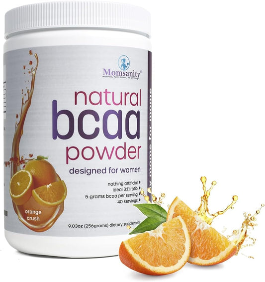 Naturally Sweetened Momsanity BCAA Powder Preworkout for Women - Orange Crush Flavor | Includes Recipe Guide PDF | 40 Servings