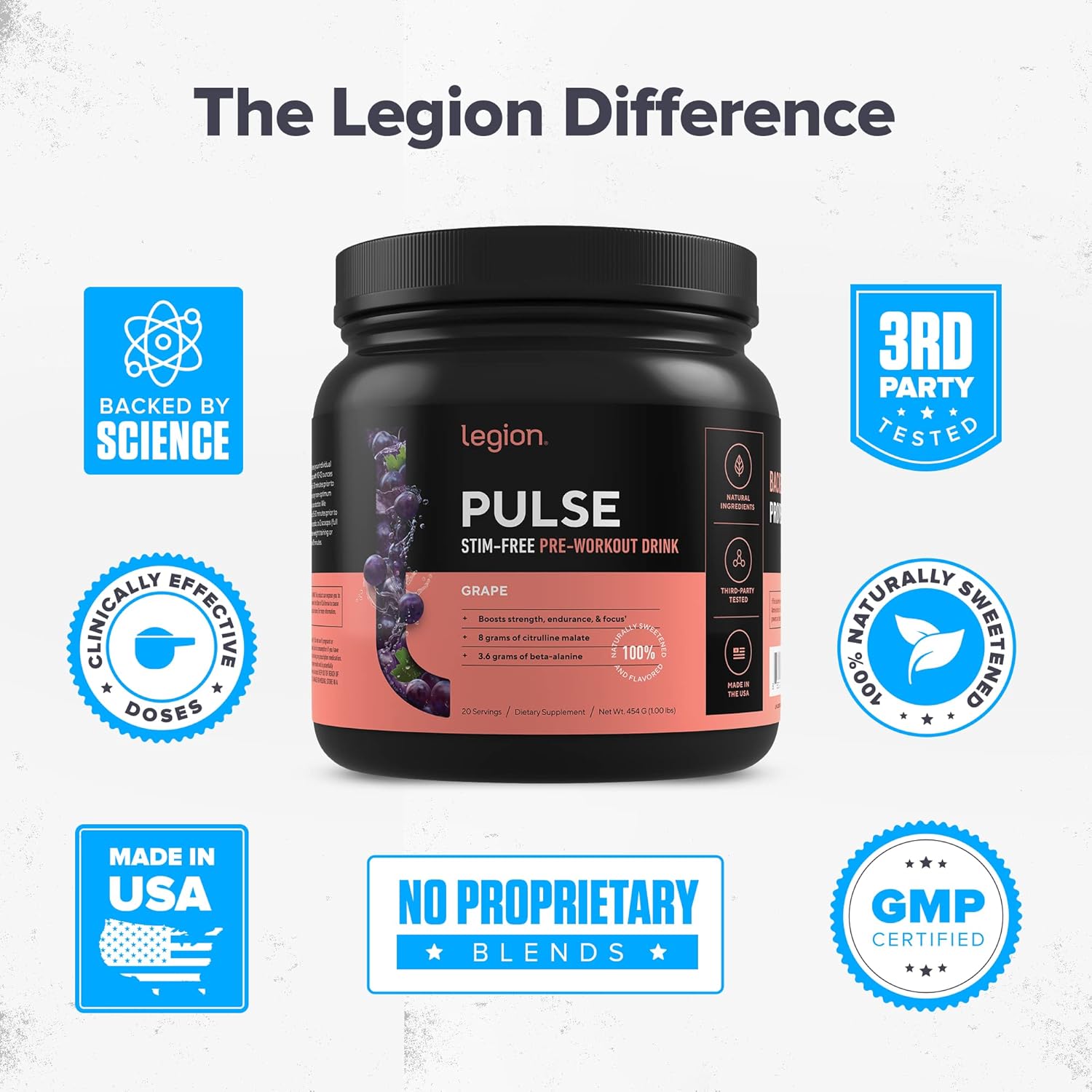 Naturally Sweetened Nitric Oxide Pre Workout Drink for Energy Boost - Caffeine Free Grape Flavor with Beta Alanine, Citrulline, Alpha GPC - Creatine Free Formula