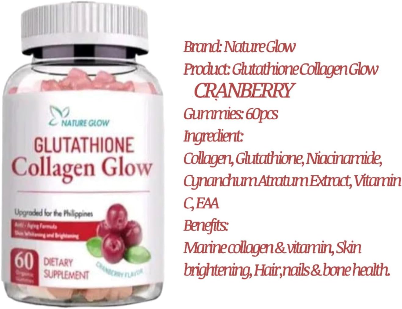 Nature Glow Glutathione Collagen Gummies Bundle - Strawberry & Cranberry Flavor, 60 Chewables per Pack