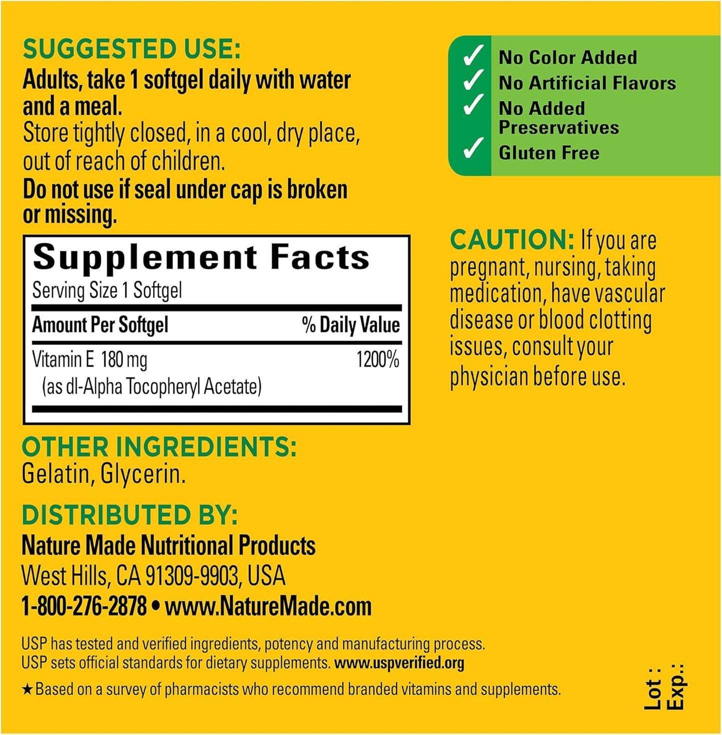Nature Made Vitamin E 180 mg (400 IU) dl-Alpha Softgels - Antioxidant Support - 100 Day Supply