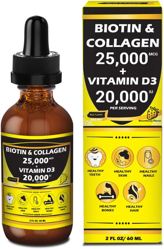 Nature Manu-Premium 25,000mcg Liquid Biotin & Collagen with 20,000iu Vitamin D3 for Healthy Skin, Strong Nails, and Hair Growth. Strawberry Flavor - 2 FL OZ/60 ML