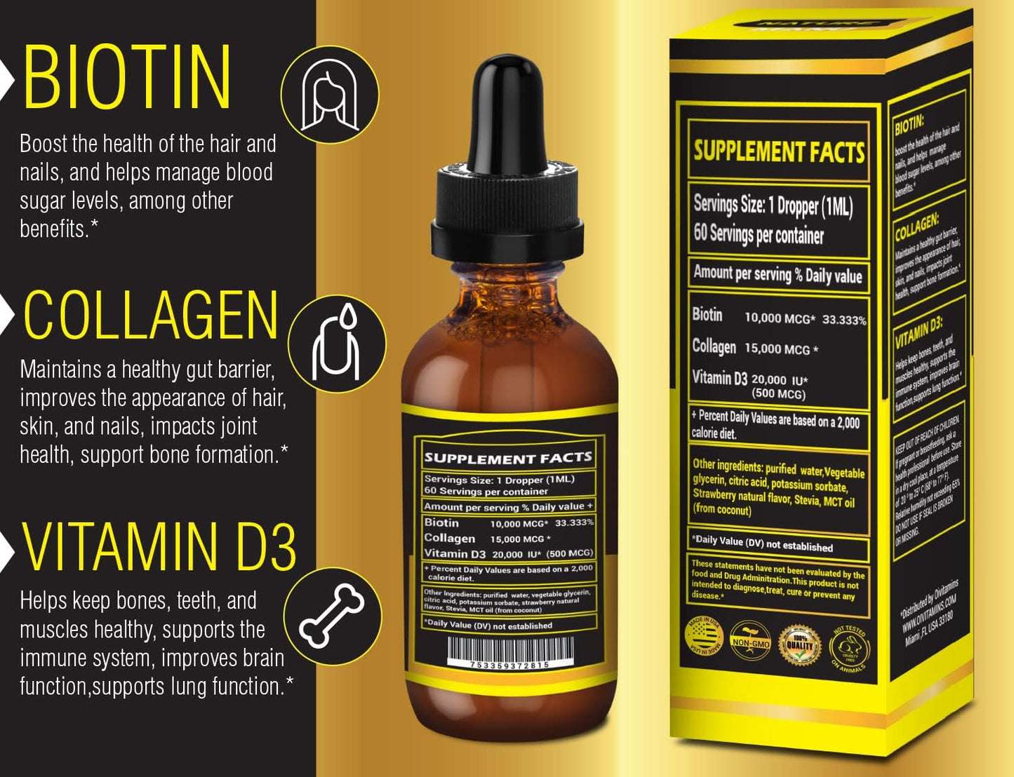 Nature Manu-Premium 25,000mcg Liquid Biotin & Collagen with 20,000iu Vitamin D3 for Healthy Skin, Strong Nails, and Hair Growth. Strawberry Flavor - 2 FL OZ/60 ML