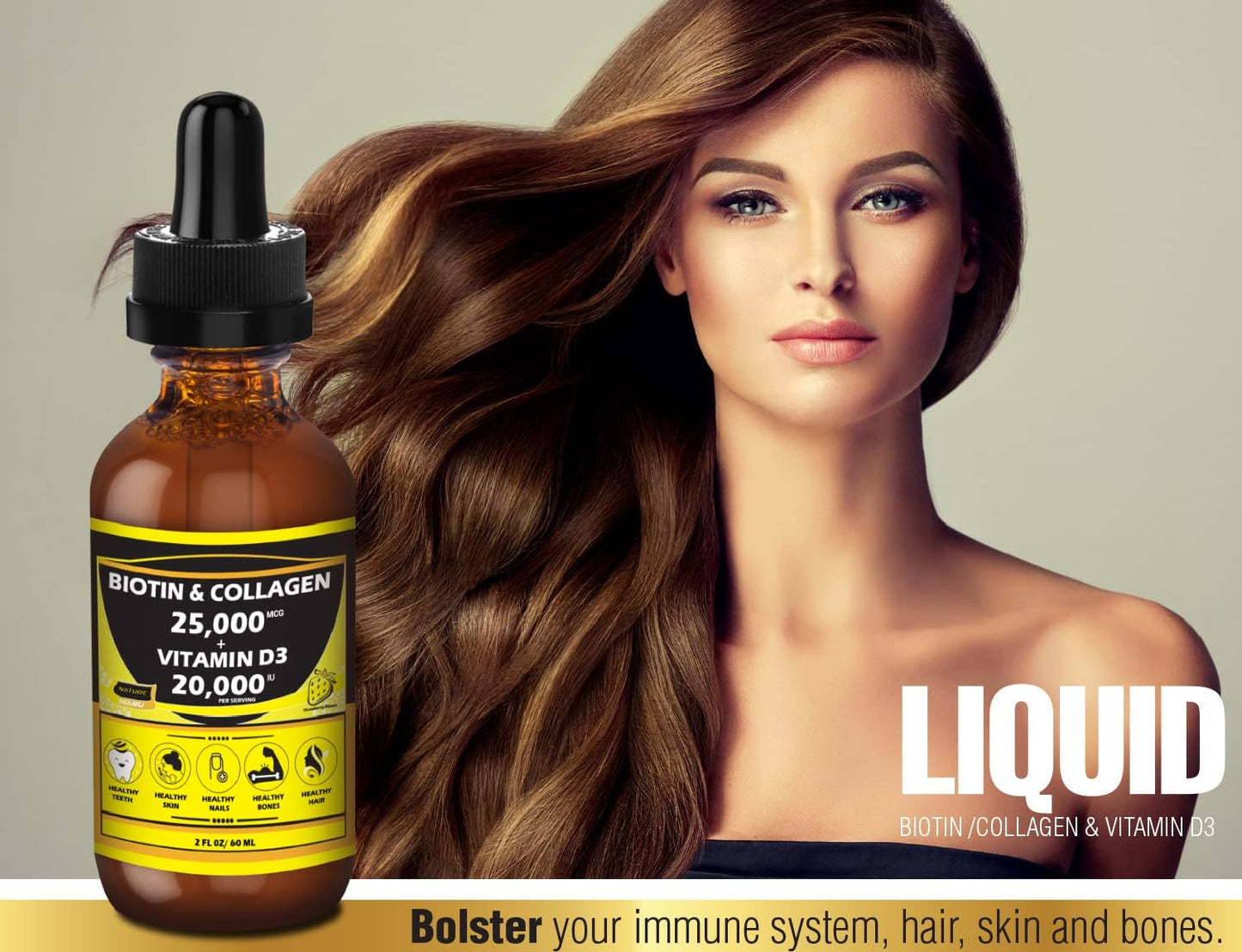 Nature Manu-Premium 25,000mcg Liquid Biotin & Collagen with 20,000iu Vitamin D3 for Healthy Skin, Strong Nails, and Hair Growth. Strawberry Flavor - 2 FL OZ/60 ML