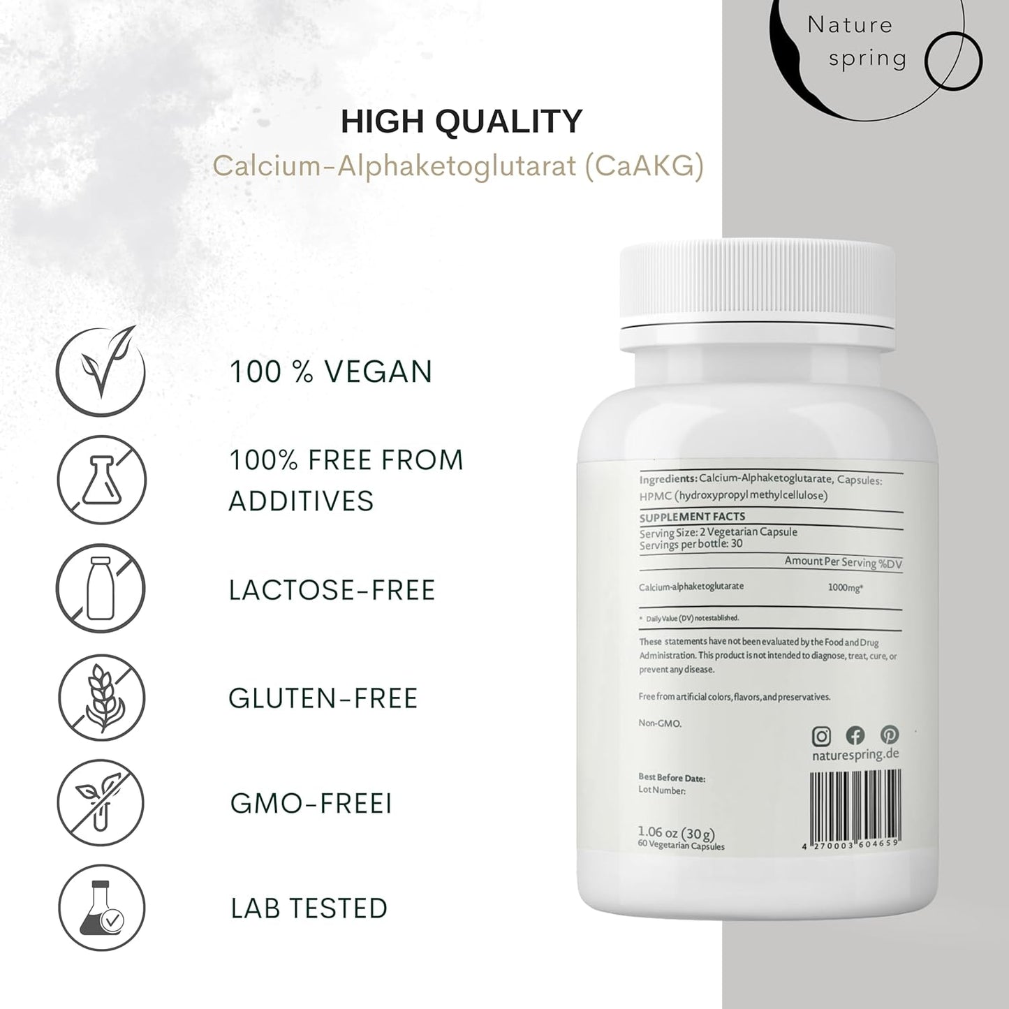 Nature Spring CaAKG Supplement: 1,000mg Alpha Ketoglutarate for Cellular Energy - 60 Capsules