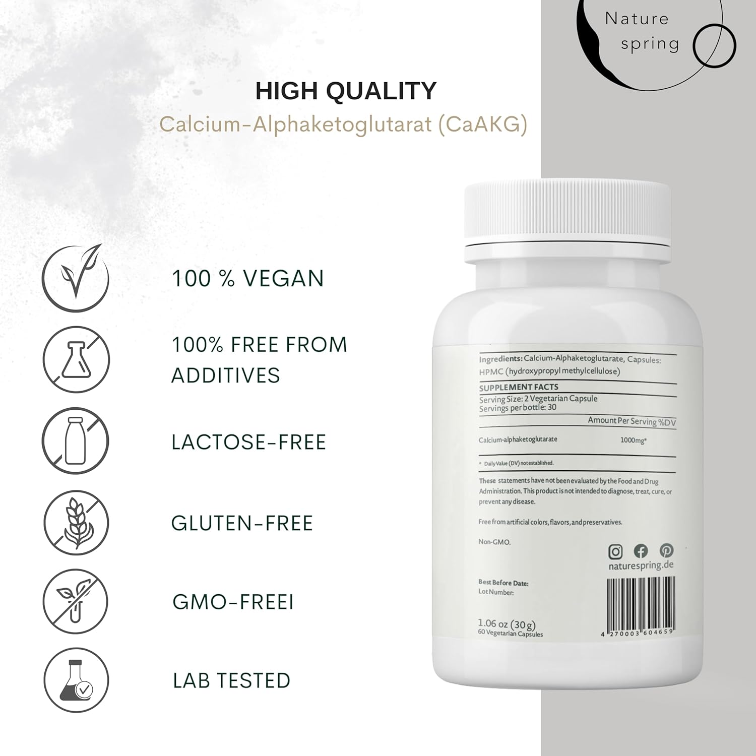Nature Spring CaAKG Supplement: 1,000mg Alpha Ketoglutarate for Cellular Energy - 60 Capsules