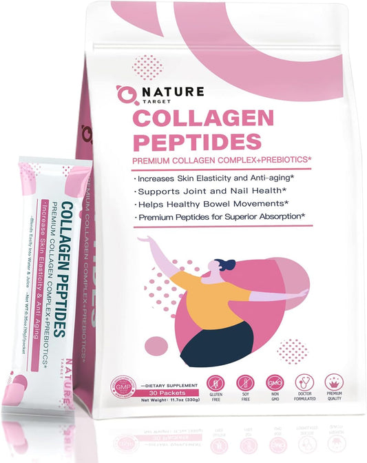 NATURE TARGET Multi Collagen Peptides Powder - Enhanced Absorption with Prebiotics - Type I, II, III, V, X - Sugar-Free Formula for Skin, Hair, Nail, & Joint Support