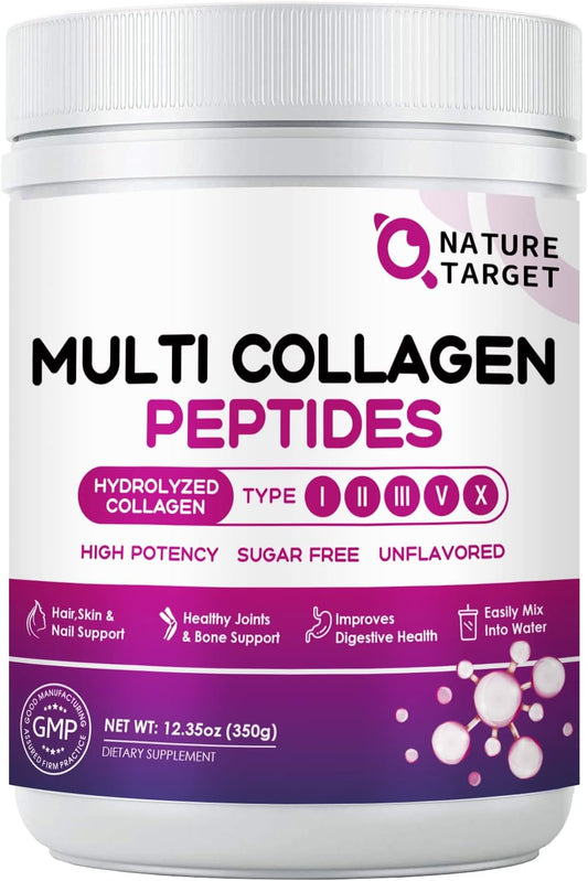 NATURE TARGET Multi Collagen Peptides Powder with Vitamin C and Hyaluronic Acid - Grass-Fed, Non-GMO Formula for Skin, Hair, Nails, and Joints - 35 Servings
