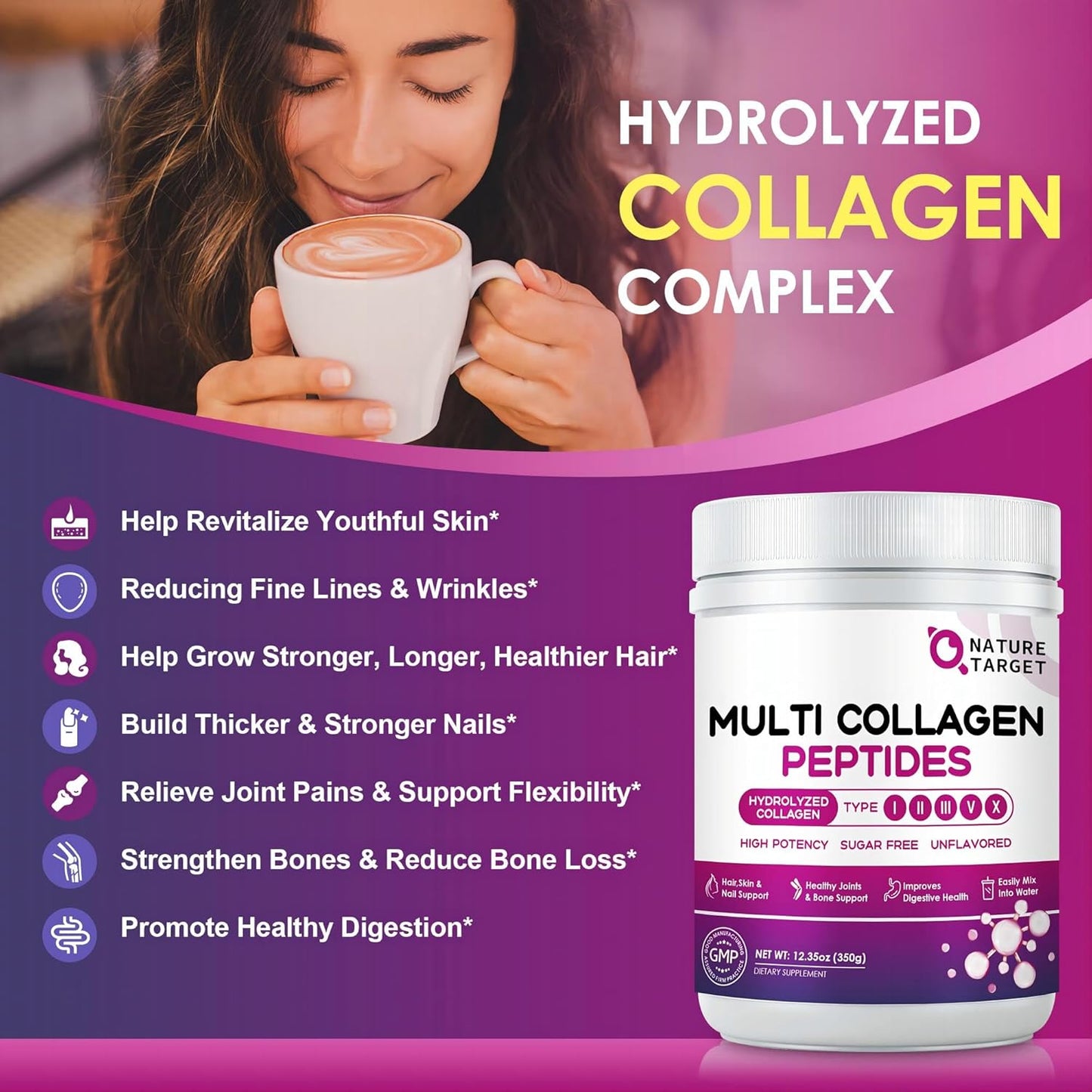NATURE TARGET Multi Collagen Peptides Powder with Vitamin C and Hyaluronic Acid - Grass-Fed, Non-GMO Formula for Skin, Hair, Nails, and Joints - 35 Servings