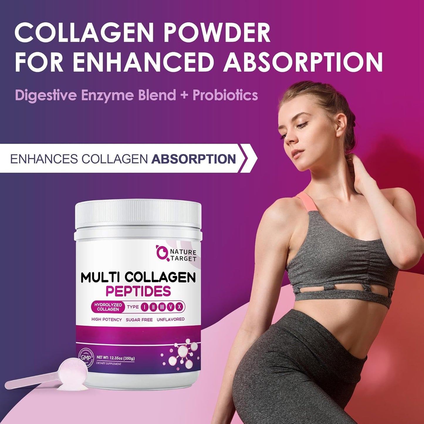 NATURE TARGET Multi Collagen Peptides Powder with Vitamin C and Hyaluronic Acid - Grass-Fed, Non-GMO Formula for Skin, Hair, Nails, and Joints - 35 Servings