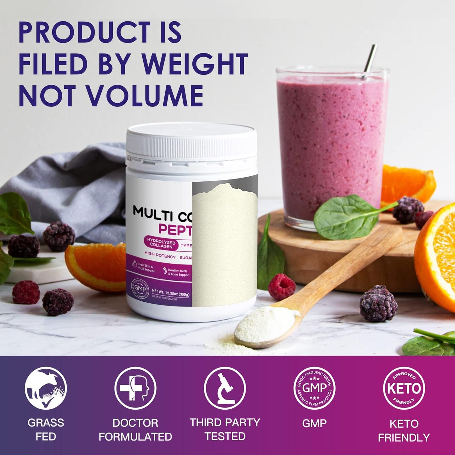 NATURE TARGET Multi Collagen Peptides Powder with Vitamin C and Hyaluronic Acid - Grass-Fed, Non-GMO Formula for Skin, Hair, Nails, and Joints - 35 Servings