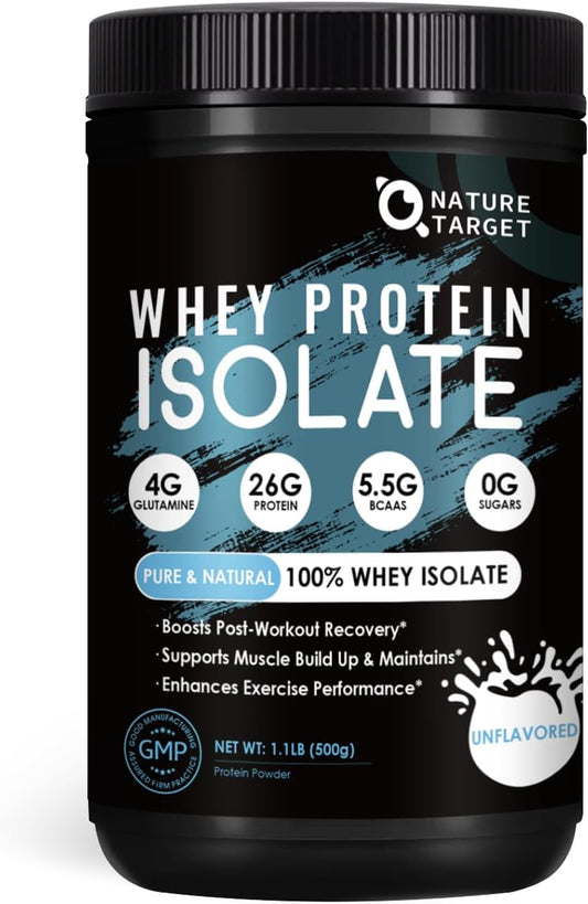 NATURE TARGET Unflavored Whey Isolate Protein Powder - 26g Protein, 5.5g BCAAs - Muscle Growth & Recovery - Gluten Free - 1.10 lb (500g) - 16 Servings