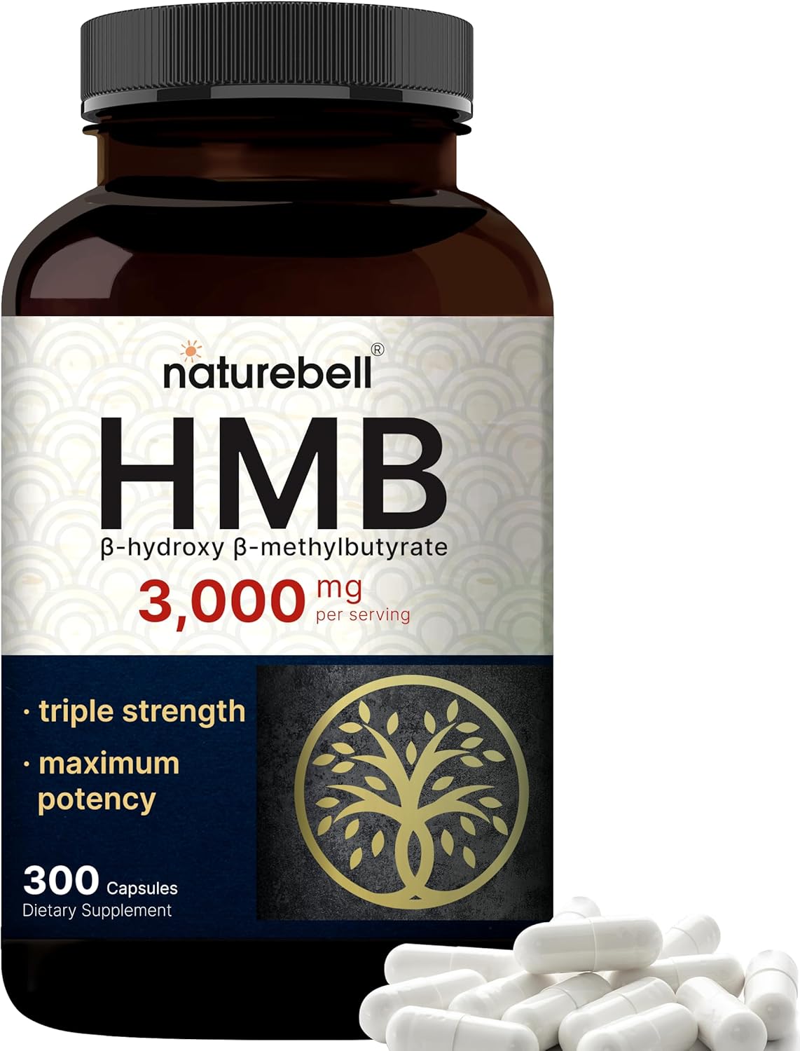 NatureBell HMB 3,000mg Per Serving - 300 Capsules, Triple Strength HMB Beta-Hydroxy Beta-Methylbutyrate Supplement for Lean Muscle Mass & Recovery - Non-GMO