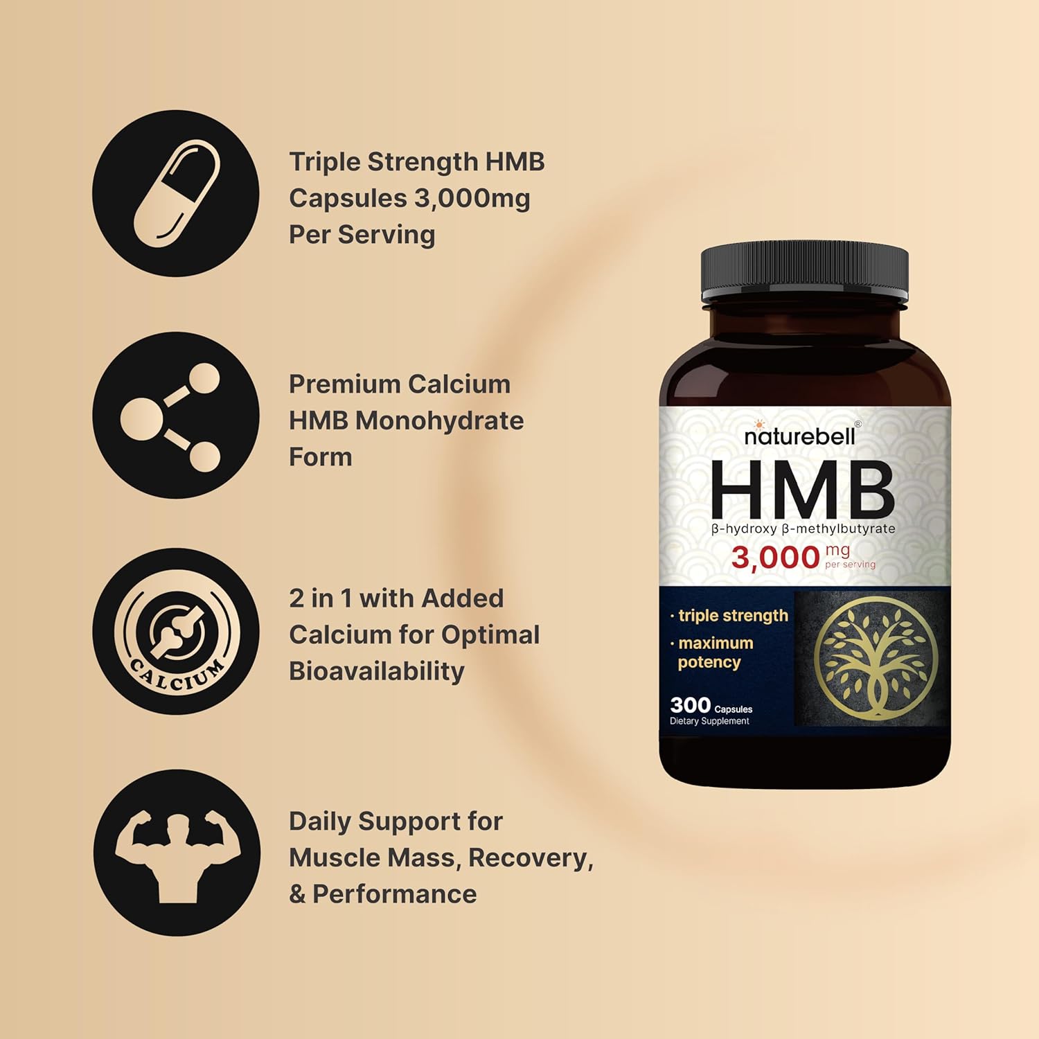 NatureBell HMB 3,000mg Per Serving - 300 Capsules, Triple Strength HMB Beta-Hydroxy Beta-Methylbutyrate Supplement for Lean Muscle Mass & Recovery - Non-GMO