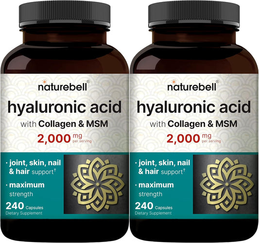 NatureBell Hyaluronic Acid Supplements 2,000mg - 2 Pack, 480 Capsules with MSM & Collagen for Skin, Joints, Hair, Eyes - 3-in-1 Support