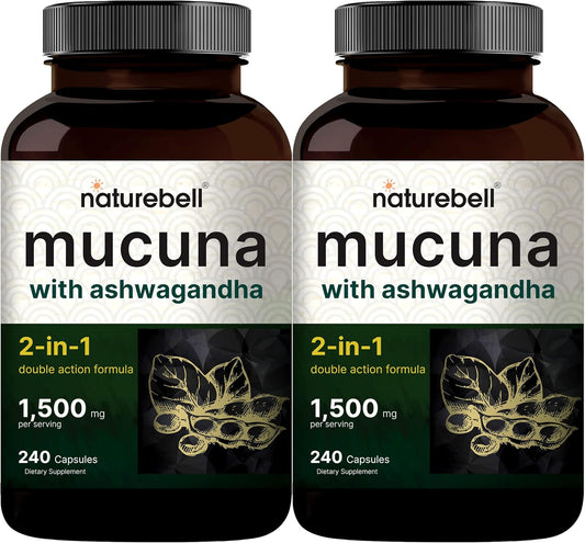 NatureBell Mucuna Pruriens Capsules 2-Pack - 1500mg Per Serving - Mucuna & Ashwagandha Blend - 480 Capsules - Mood, Mind, & Brain Health Support