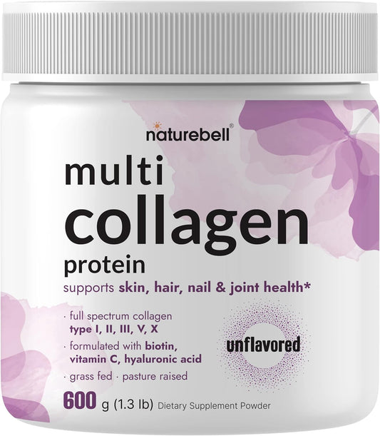 NatureBell Multi Collagen Protein Powder 600g - Grass-Fed & Pasture-Raised with Biotin, Vitamin C, Hyaluronic Acid - Keto, Paleo Friendly, Unflavored - 5 Types (I, II, III, V, X) - 54 Servings