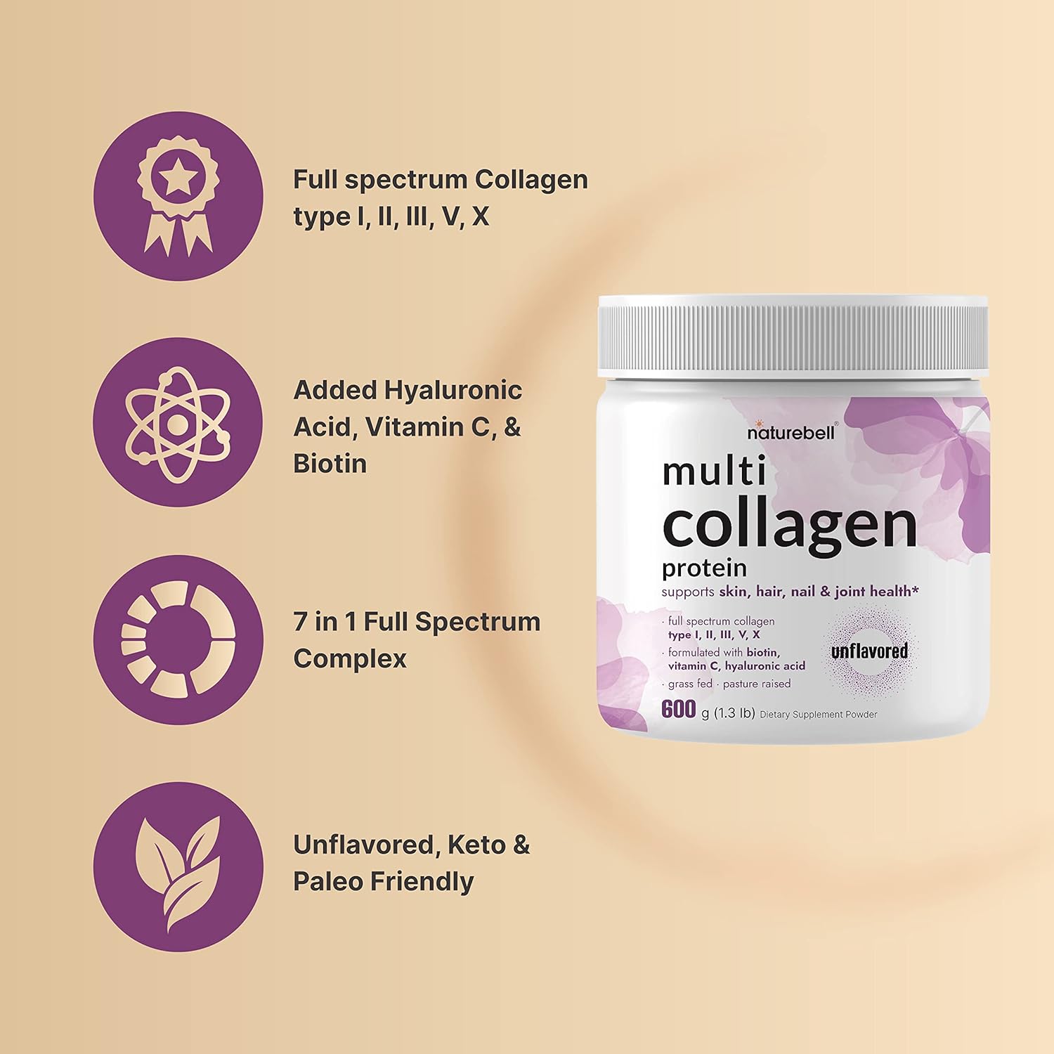 NatureBell Multi Collagen Protein Powder 600g - Grass-Fed & Pasture-Raised with Biotin, Vitamin C, Hyaluronic Acid - Keto, Paleo Friendly, Unflavored - 5 Types (I, II, III, V, X) - 54 Servings