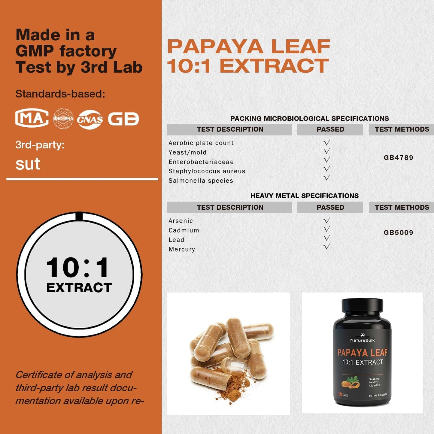 NATUREBULK Papaya Leaf Extract Capsules - 10X Strength for Immune Gut & Digestive Health - 120 Veg Capsules