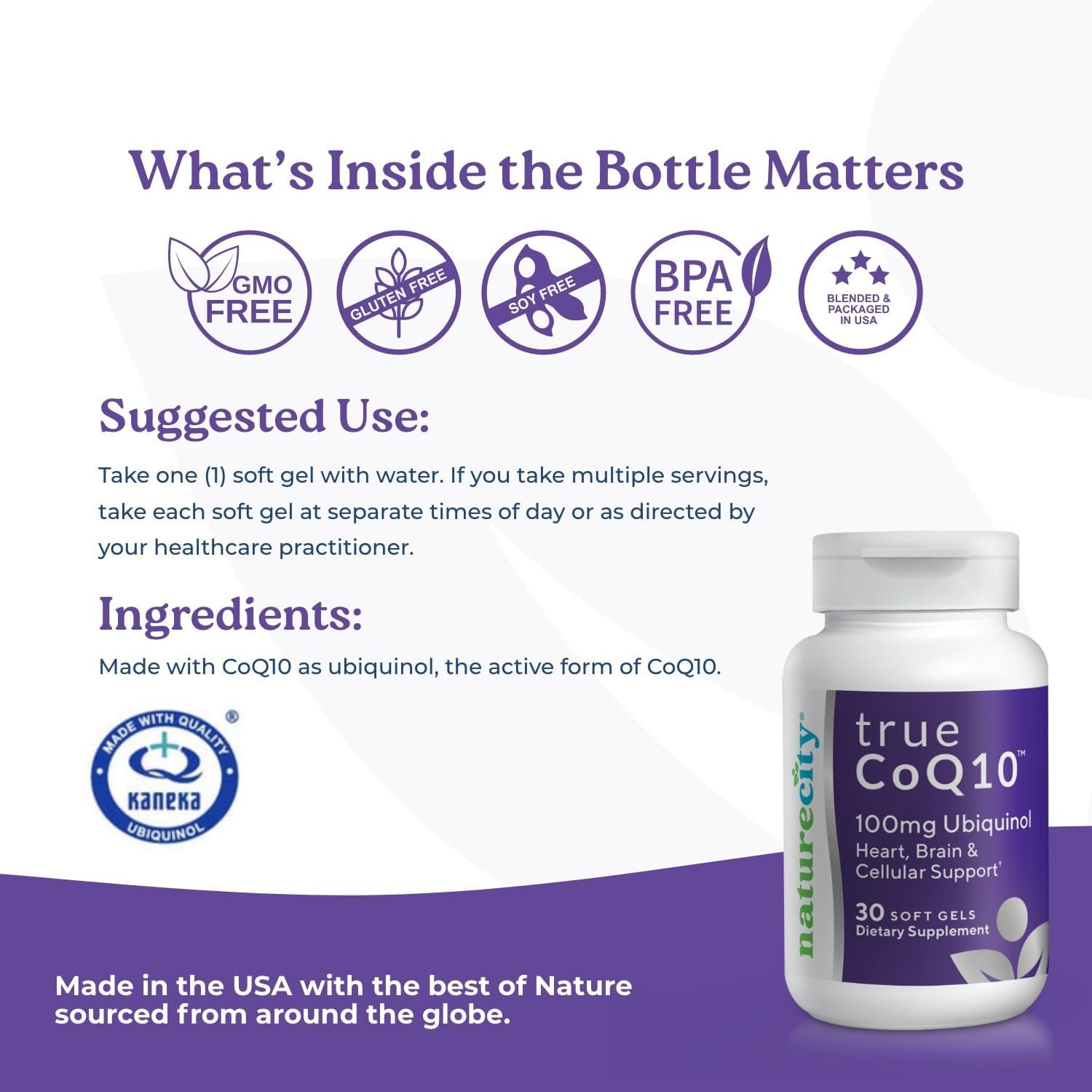 NatureCity True-CoQ10 Ubiquinol 100mg - Kaneka QH CoQ10 Heart, Brain, Cellular Energy - 30 Soft Gels - Active Ubiquinol Formula