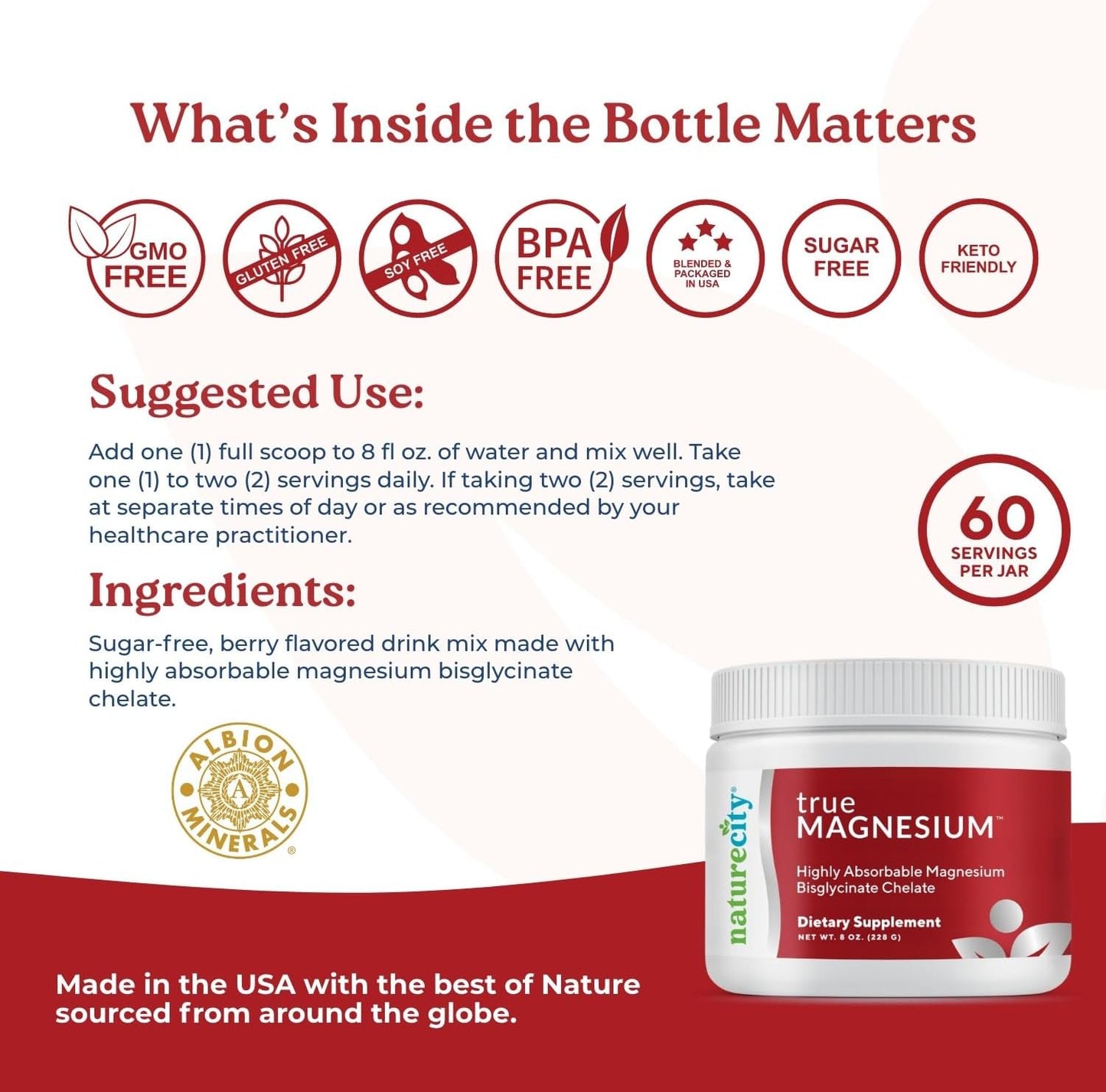 NatureCity TrueMagnesium Chelated Bisglycinate - Highly Absorbable Magnesium Supplement for Sleep and Stress - 60 Servings for Women and Men