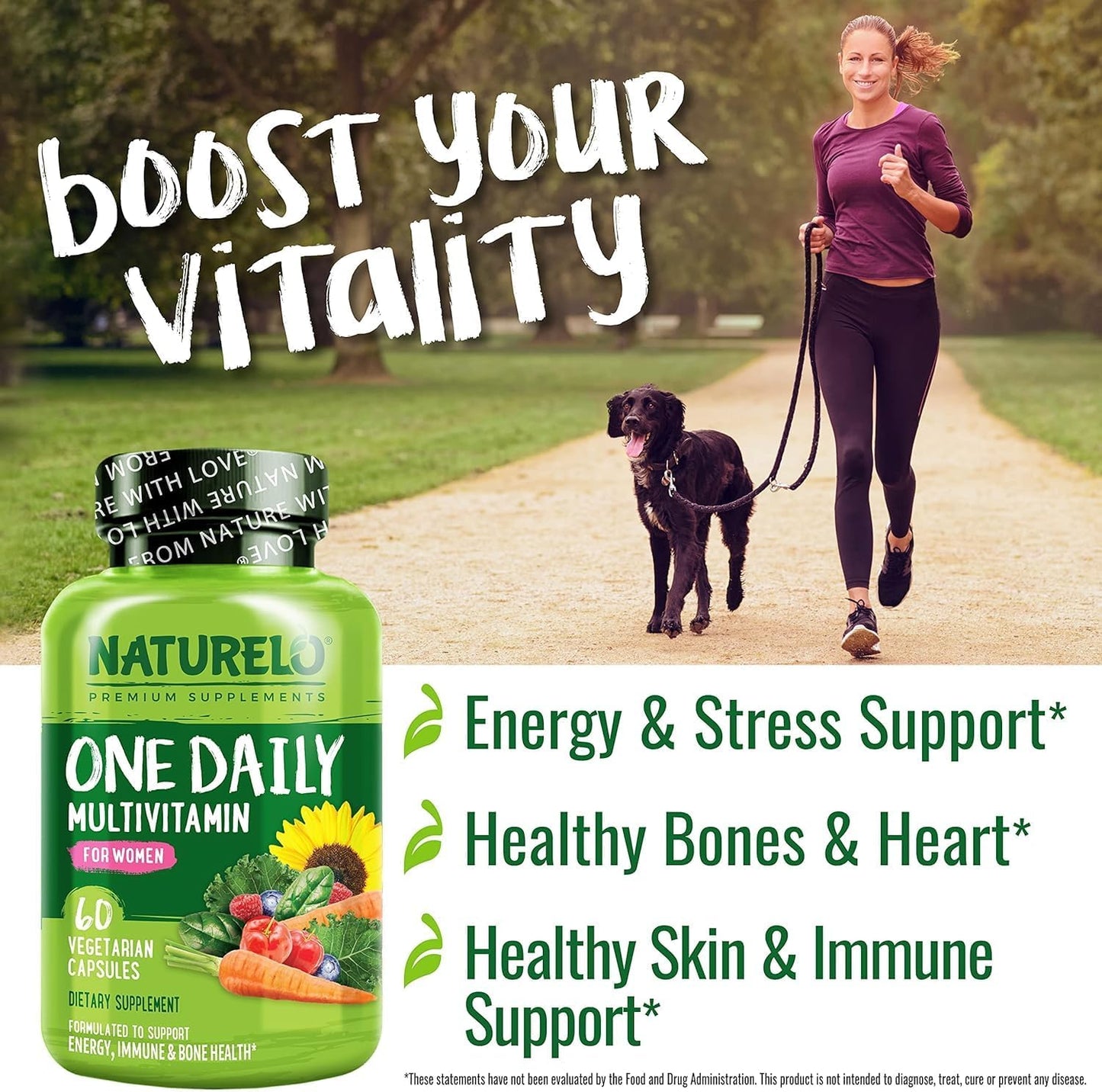 NATURELO One Daily Multivitamin for Women - Energy Support - Whole Food Supplement - Hair, Skin, Nails - Non-GMO - Gluten Free - 60 Capsules
