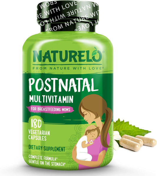 NATURELO Postnatal Multivitamin for Breastfeeding Women - Plant-Based with Vitamin D, Folate, Iron - Lactation Support Supplement for Nursing Mother and Baby (180 Count)