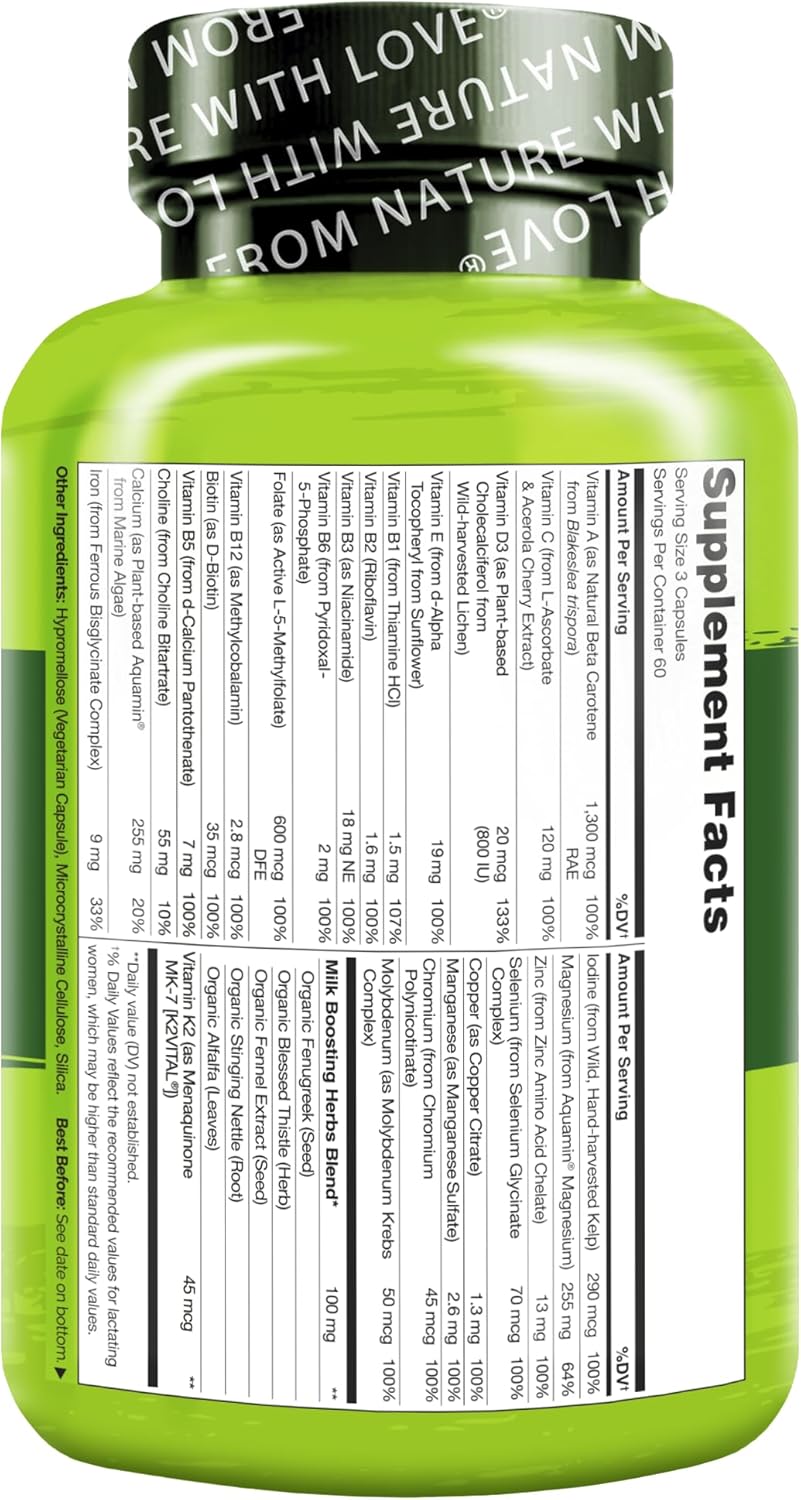 NATURELO Postnatal Multivitamin for Breastfeeding Women - Plant-Based with Vitamin D, Folate, Iron - Lactation Support Supplement for Nursing Mother and Baby (180 Count)