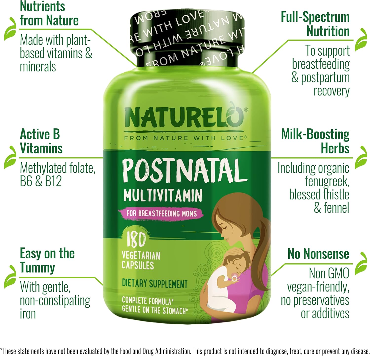 NATURELO Postnatal Multivitamin for Breastfeeding Women - Plant-Based with Vitamin D, Folate, Iron - Lactation Support Supplement for Nursing Mother and Baby (180 Count)