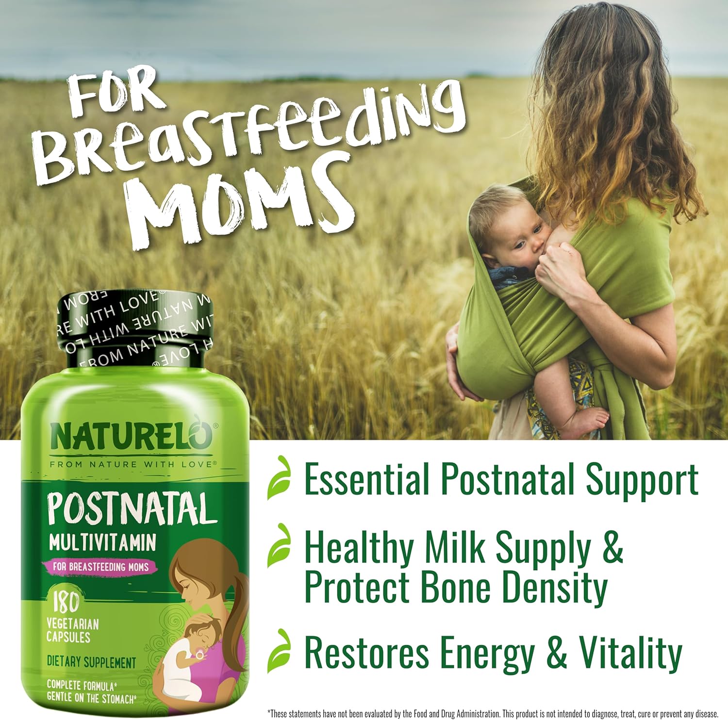 NATURELO Postnatal Multivitamin for Breastfeeding Women - Plant-Based with Vitamin D, Folate, Iron - Lactation Support Supplement for Nursing Mother and Baby (180 Count)