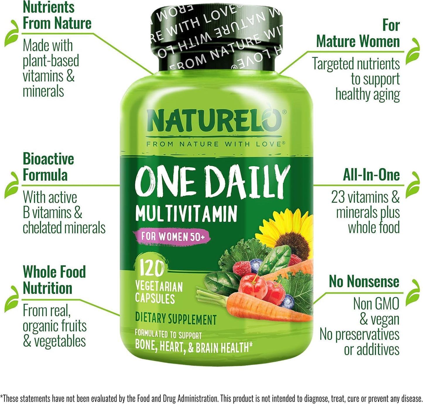 NATURELO Women's 50+ Menopause Support Multivitamin - Whole Food Supplement - Non-GMO - No Soy - 120 Capsules