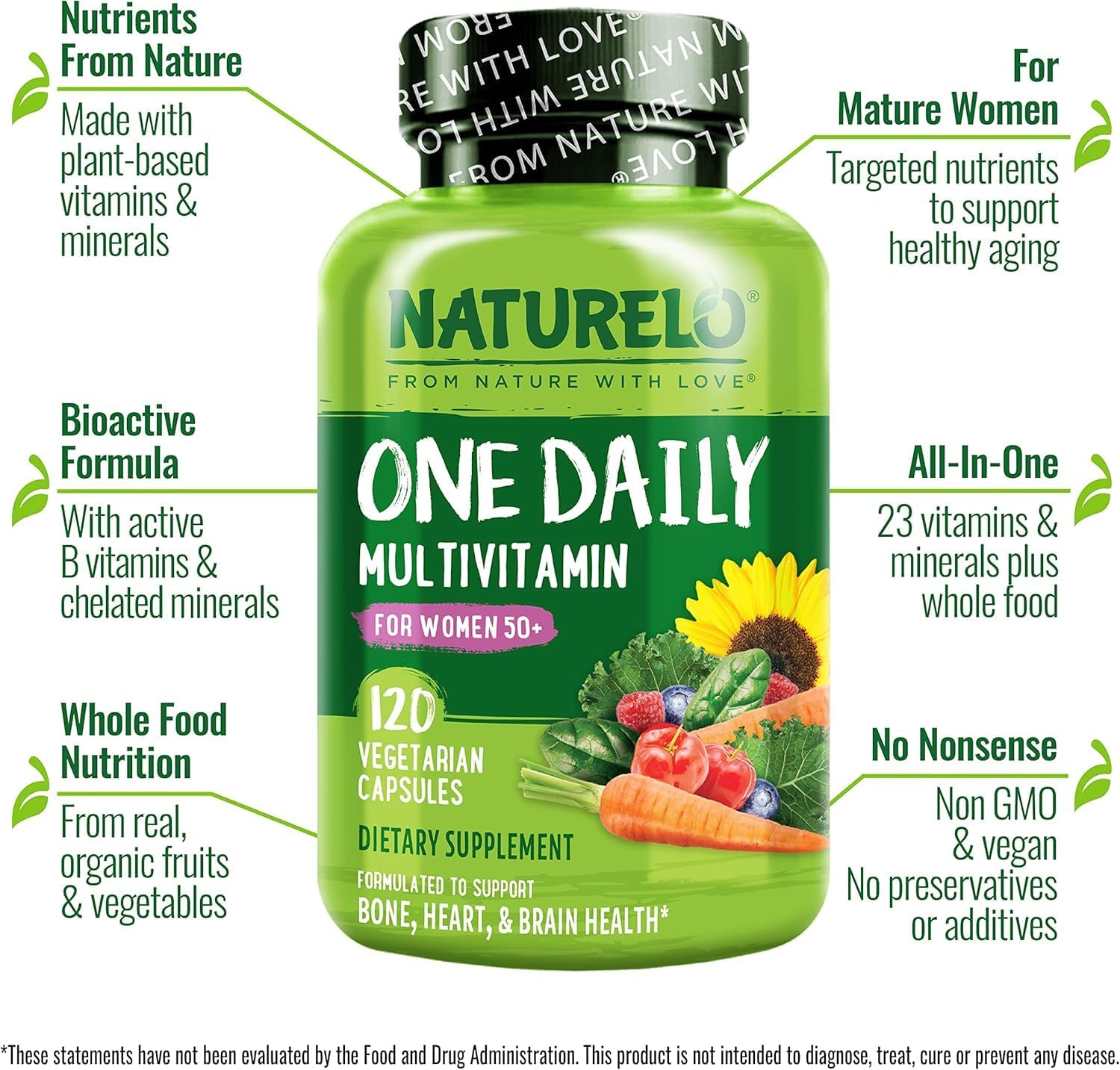 NATURELO Women's 50+ Menopause Support Multivitamin - Whole Food Supplement - Non-GMO - No Soy - 120 Capsules