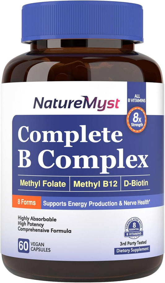 NatureMyst Complete B Complex with Methyl B12 & Folate, Biotin, P-5-P, Vegan Caps - Energy Production & Highly Absorbable