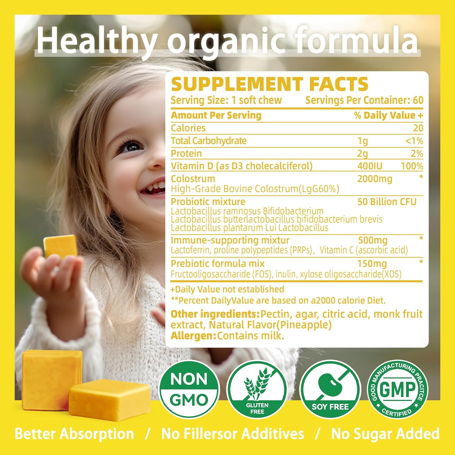 Natures Aid Colostrum Chews Supplement with Probiotics for Gut Health, Immune Support, Skin, Hair Growth - Pineapple Flavor (60 Servings)
