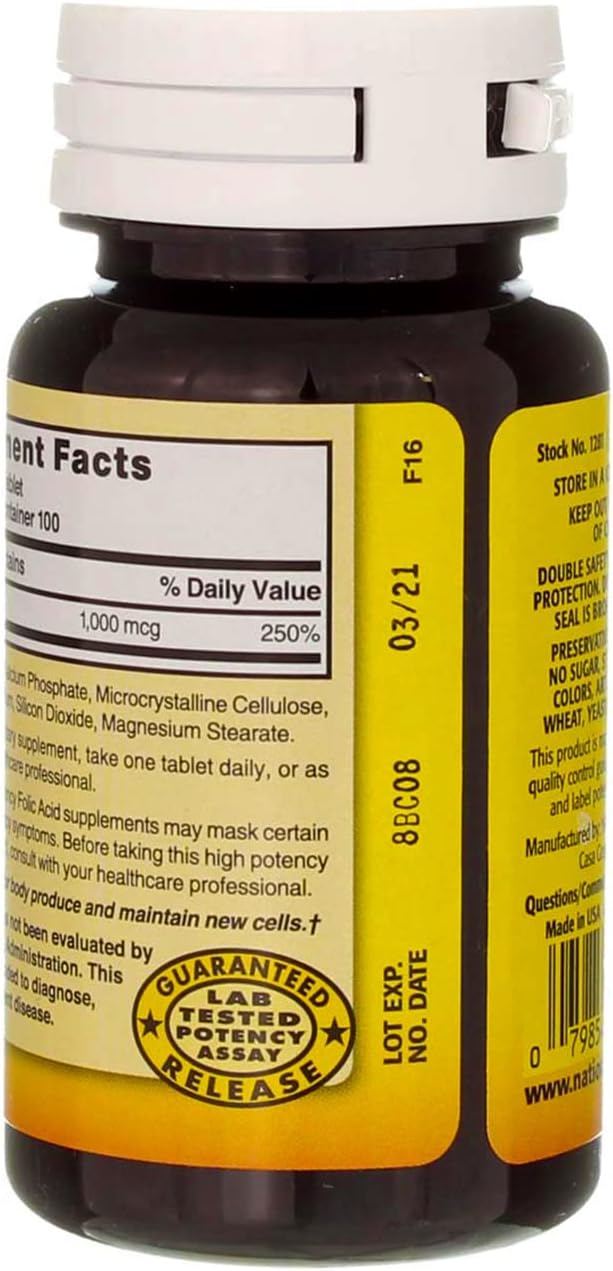 Nature's Blend Folic Acid 1000mcg Tablets - 100 Count (3 Pack) - Natural Source of Folate for Overall Health and Wellness