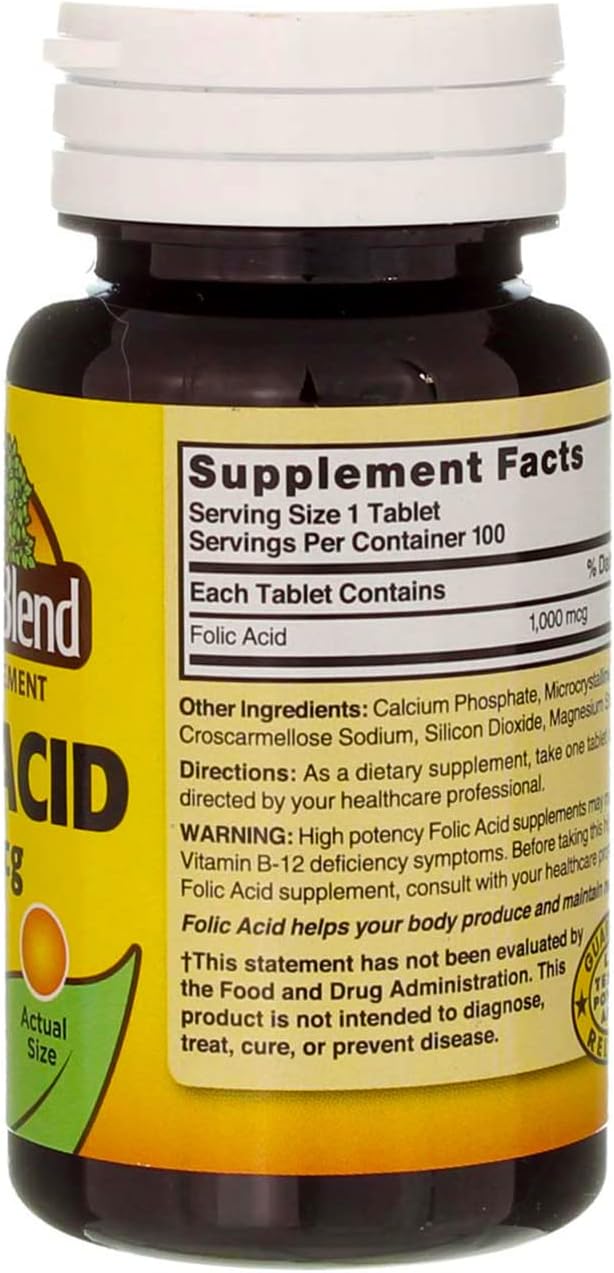 Nature's Blend Folic Acid 1000mcg Tablets - 100 Count (3 Pack) - Natural Source of Folate for Overall Health and Wellness