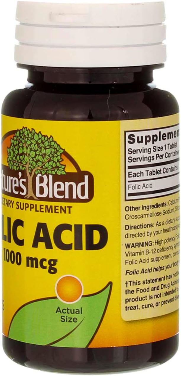 Nature's Blend Folic Acid 1000mcg Tablets - 100 Count (3 Pack) - Natural Source of Folate for Overall Health and Wellness