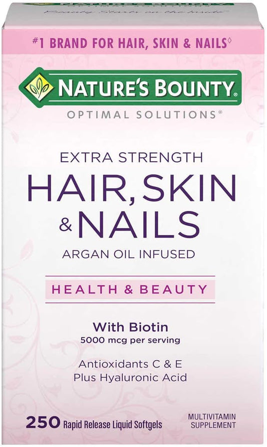 Nature's Bounty Hair Skin and Nails 5000 mcg of Biotin - 500 Coated Tablets, Regular & Extra Strength, Two Bottles of 250 Softgels