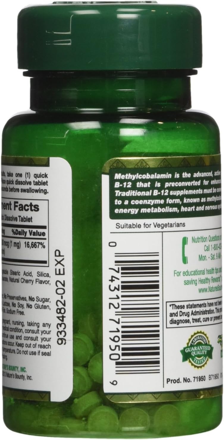 Nature's Bounty Natures Bounty Methylcobalamin B12 Microlozenge Tablets, 1000 mcg, 120 Count), 60 Count (Pack of 2)