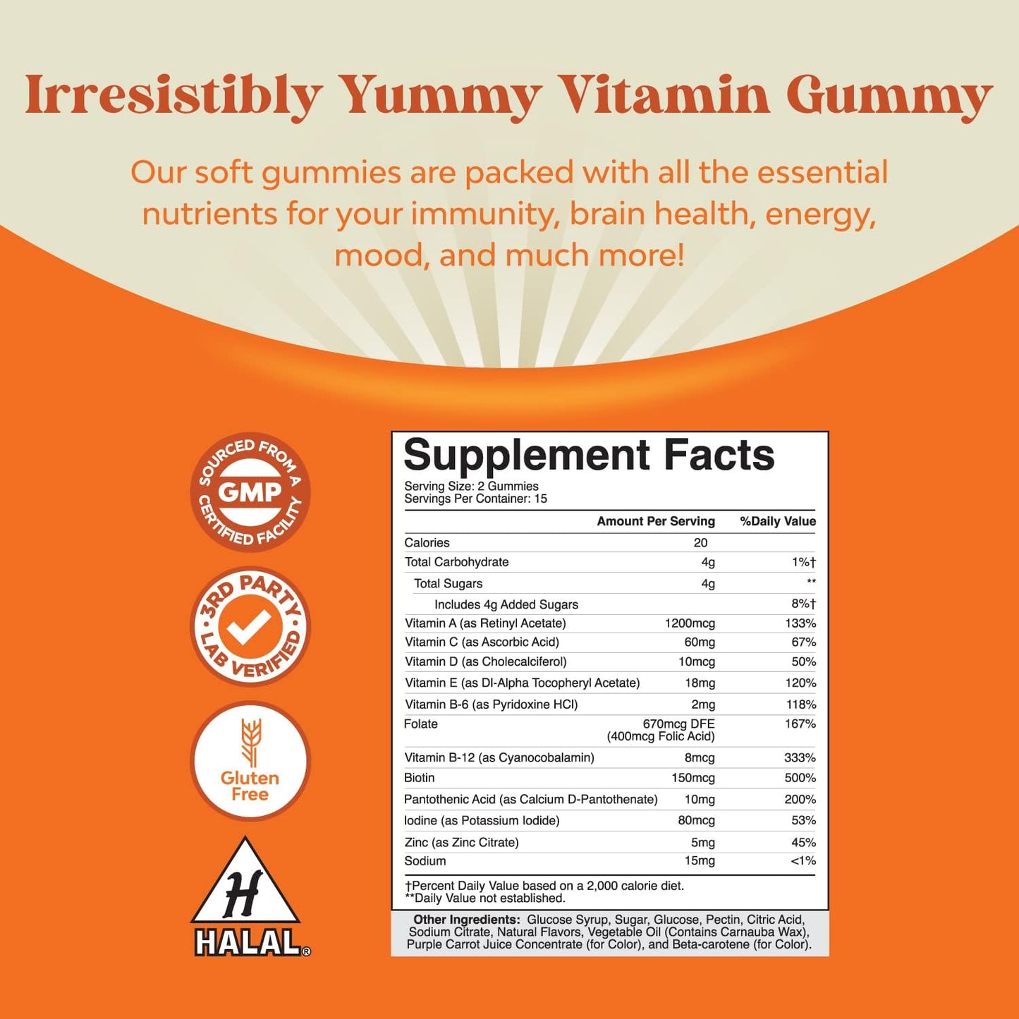 Natures Craft Adult Multivitamin Gummies - Vitamin D, A, C, E, B12, Zinc, Biotin - Energy & Immunity Support - Non-GMO, Gluten Free, Halal - 30 Count