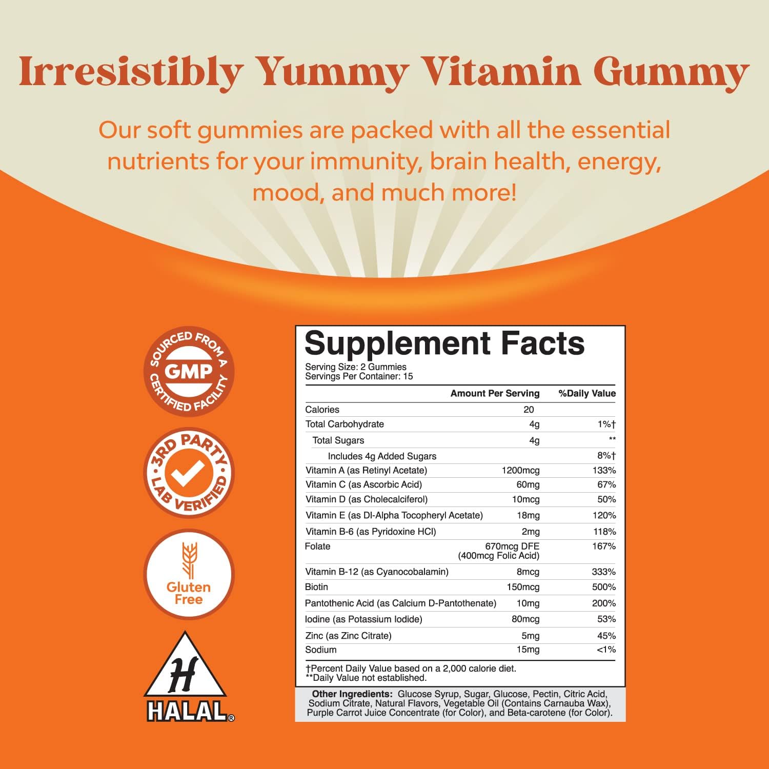 Natures Craft Adult Multivitamin Gummies - Vitamin D, A, C, E, B12, Zinc, Biotin - Energy & Immunity Support - Non-GMO, Gluten Free, Halal - 30 Count