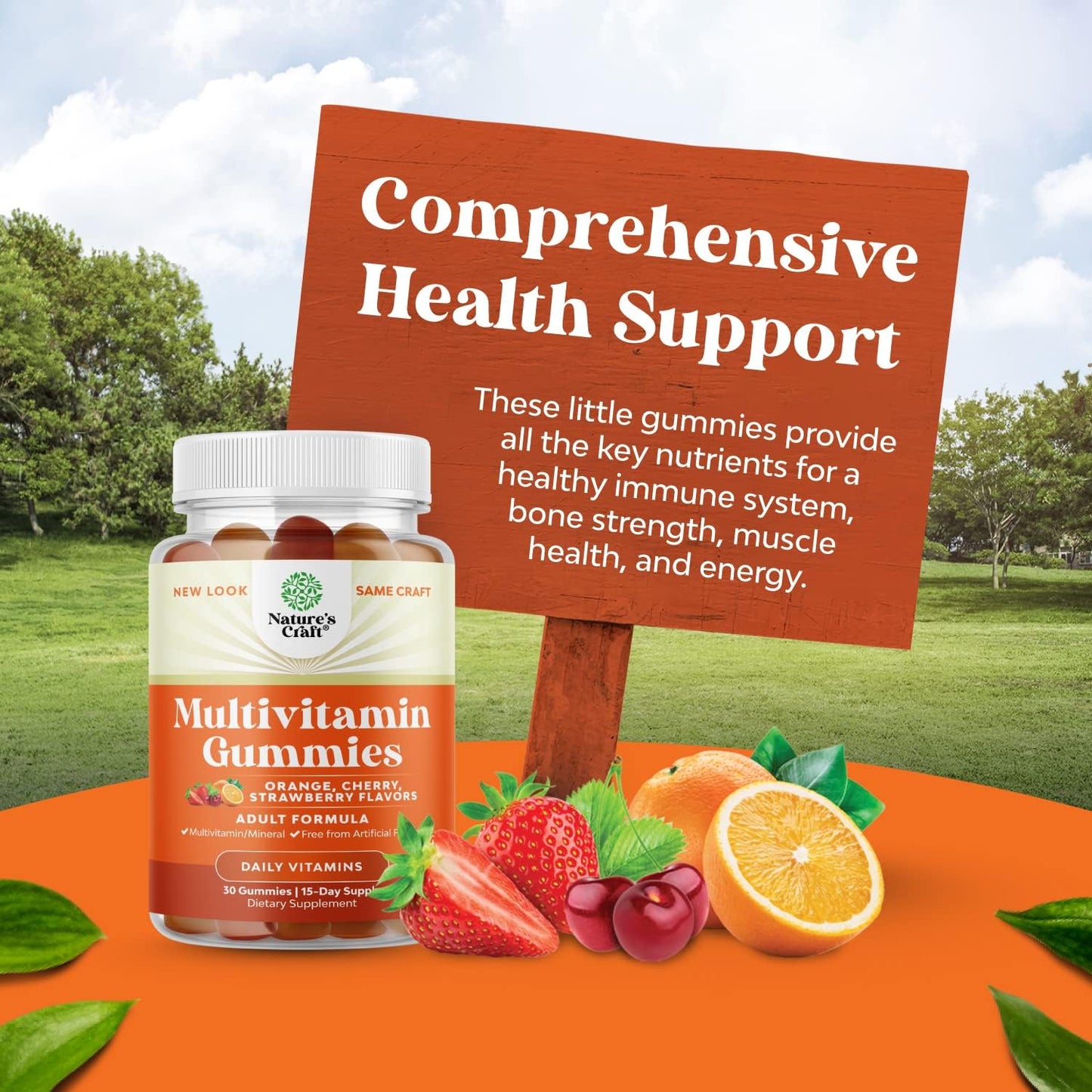 Natures Craft Adult Multivitamin Gummies - Vitamin D, A, C, E, B12, Zinc, Biotin - Energy & Immunity Support - Non-GMO, Gluten Free, Halal - 30 Count