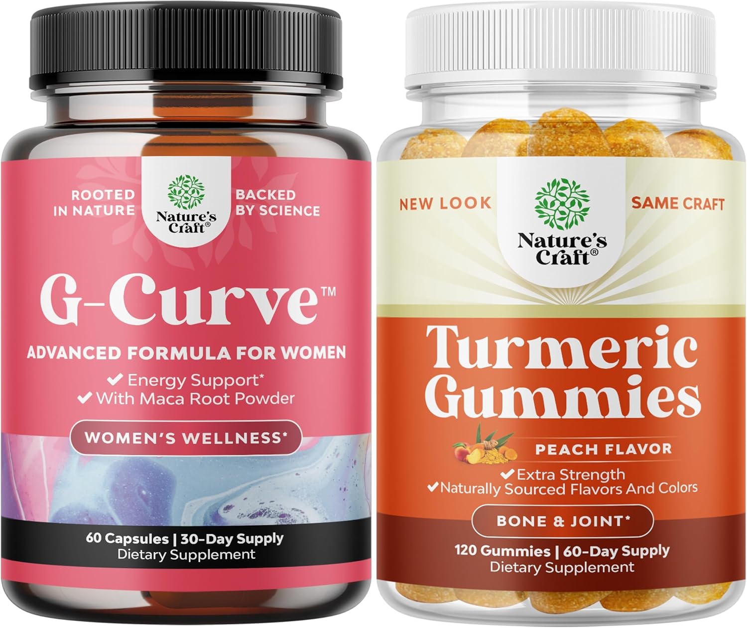 Natures Craft G-Curve Butt and Breast Enhancement Pills Bundle with Turmeric Gummies for Adults - Herbal Enhancer for Body Sculpting Curves and Joint Support - Peach Flavor