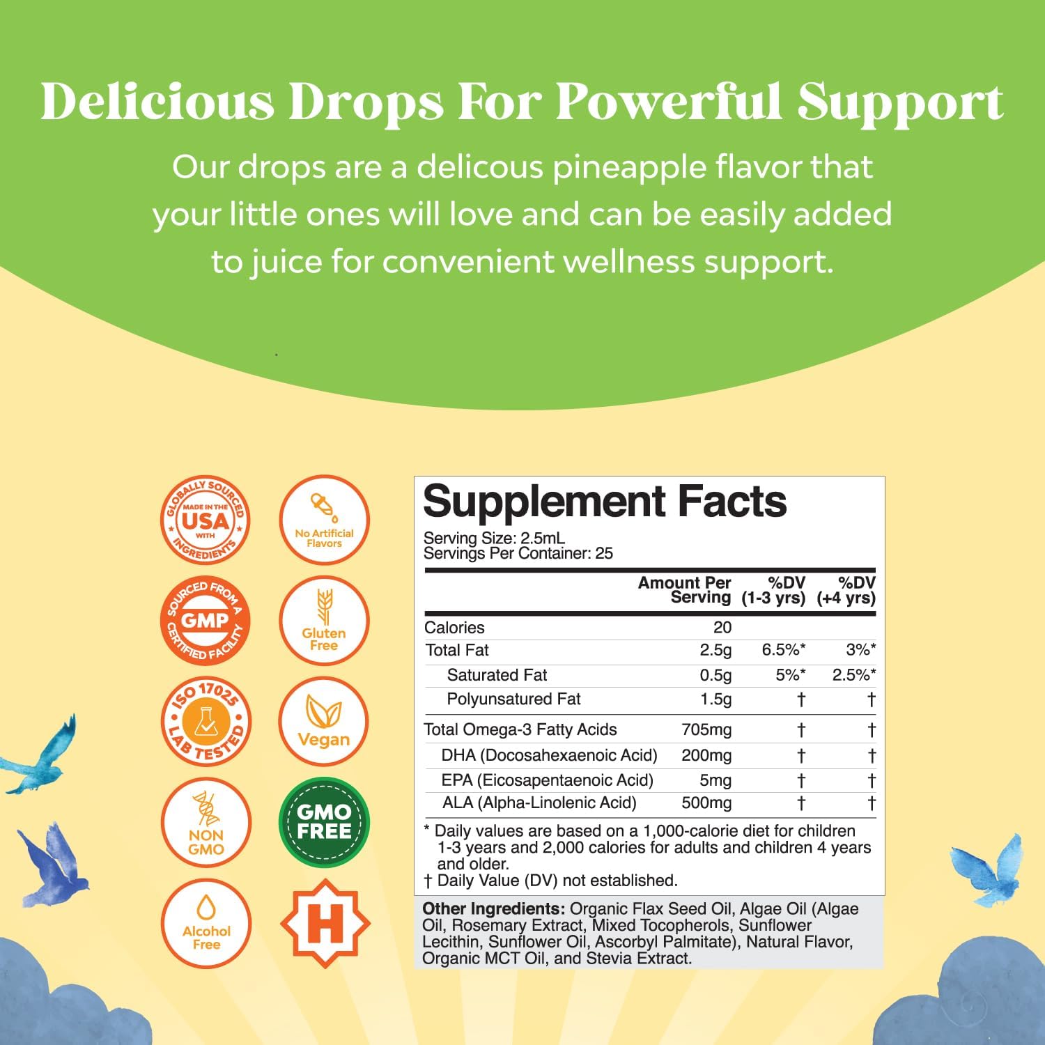 Natures Craft Kids DHA Omega 3 Drops - Vegan Liquid Supplement for Brain, Immunity & Vision - Nutritional Support for Healthy Nervous System - 2 Fl Oz
