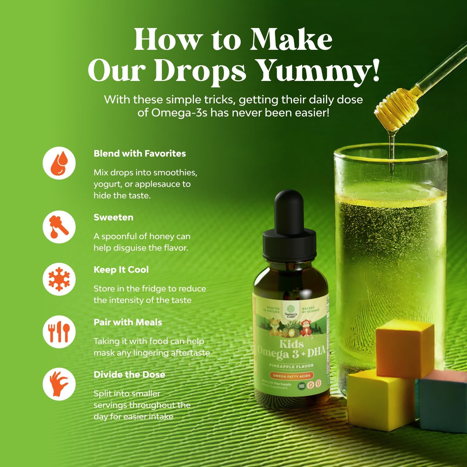 Natures Craft Kids DHA Omega 3 Drops - Vegan Liquid Supplement for Brain, Immunity & Vision - Nutritional Support for Healthy Nervous System - 2 Fl Oz