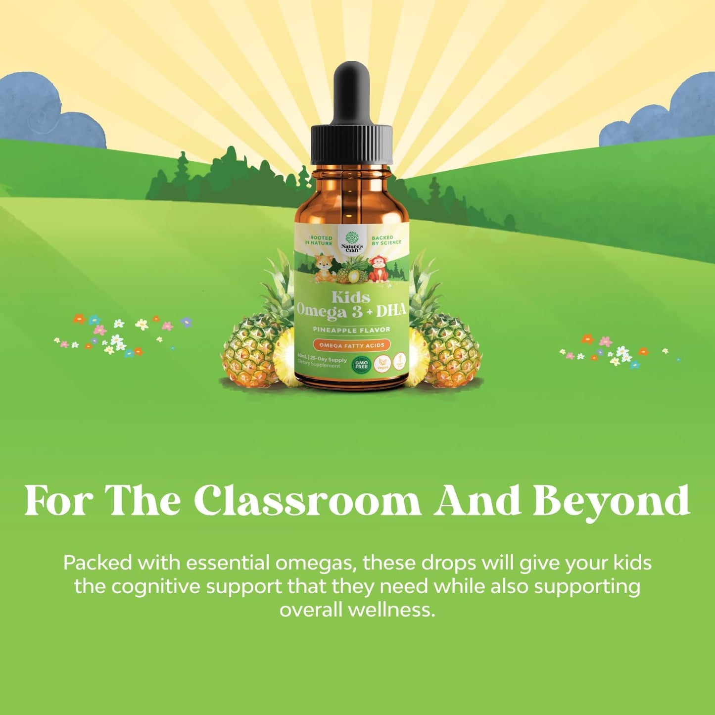 Natures Craft Kids DHA Omega 3 Drops - Vegan Liquid Supplement for Brain, Immunity & Vision - Nutritional Support for Healthy Nervous System - 2 Fl Oz