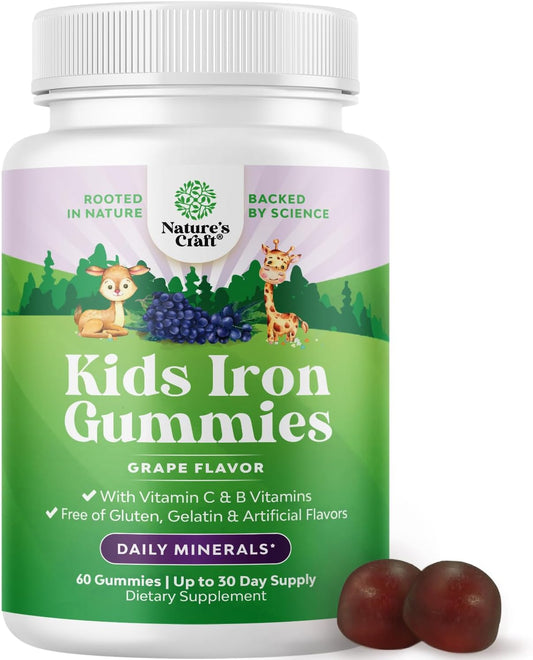 Natures Craft Kids Iron Gummies - Gentle Iron Supplements for Stronger Immunity & Energy - Vegan, GMO & Gluten Free - 60 Count