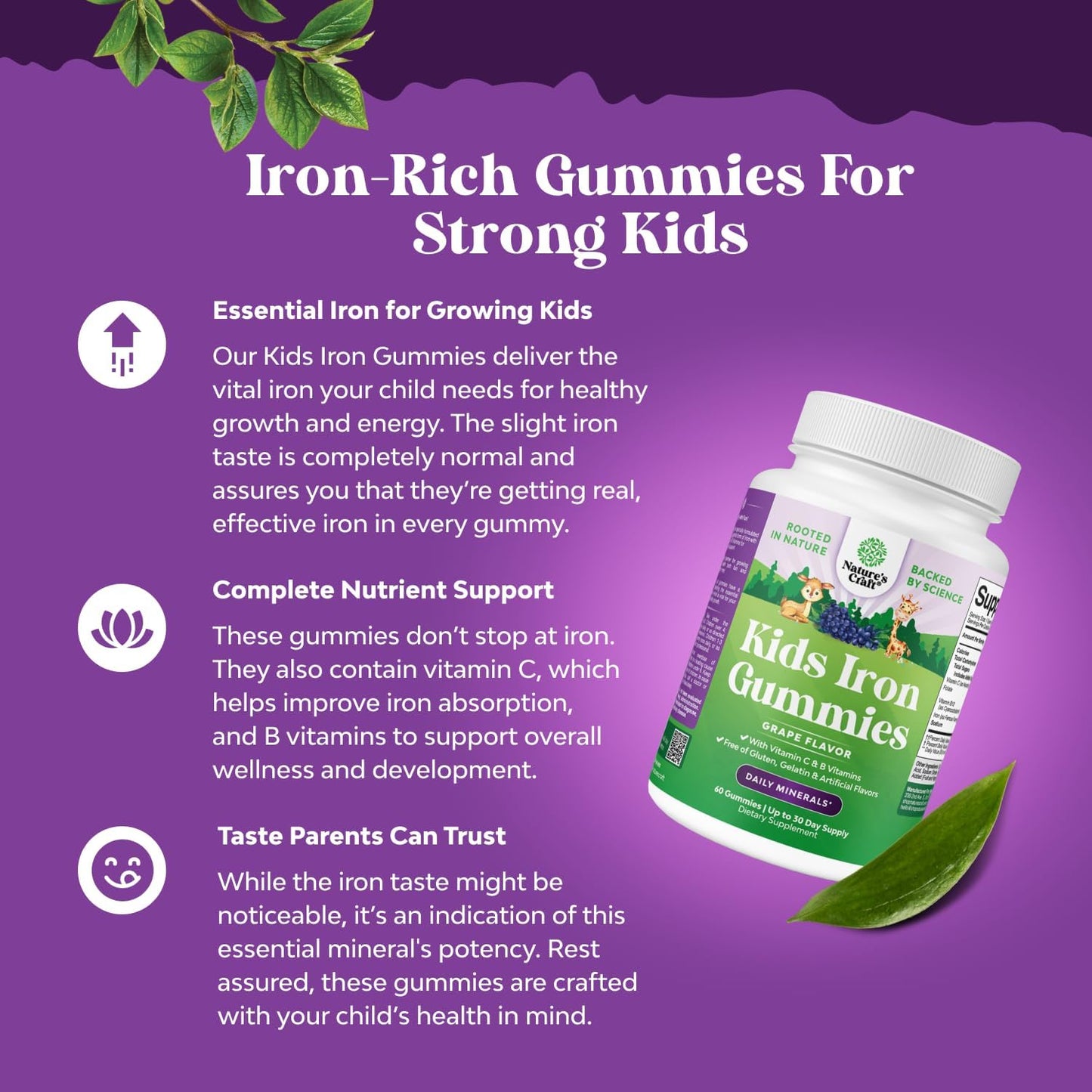 Natures Craft Kids Iron Gummies - Gentle Iron Supplements for Stronger Immunity & Energy - Vegan, GMO & Gluten Free - 60 Count