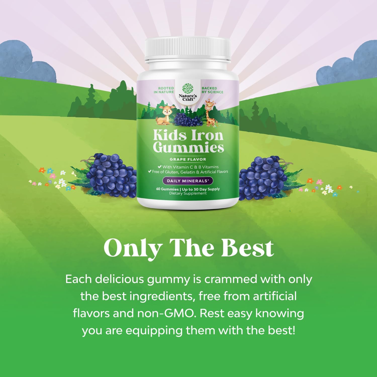 Natures Craft Kids Iron Gummies - Gentle Iron Supplements for Stronger Immunity & Energy - Vegan, GMO & Gluten Free - 60 Count