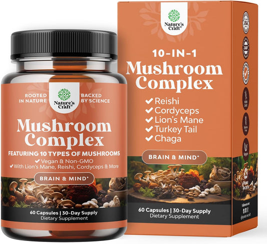 Natures Craft Mushroom Complex Capsules - 10X Lions Mane Supplement with Reishi, Chaga, Maitake & Shiitake - Brain Health, Memory, Focus - Nootropic for Mental Clarity - 60 Caps