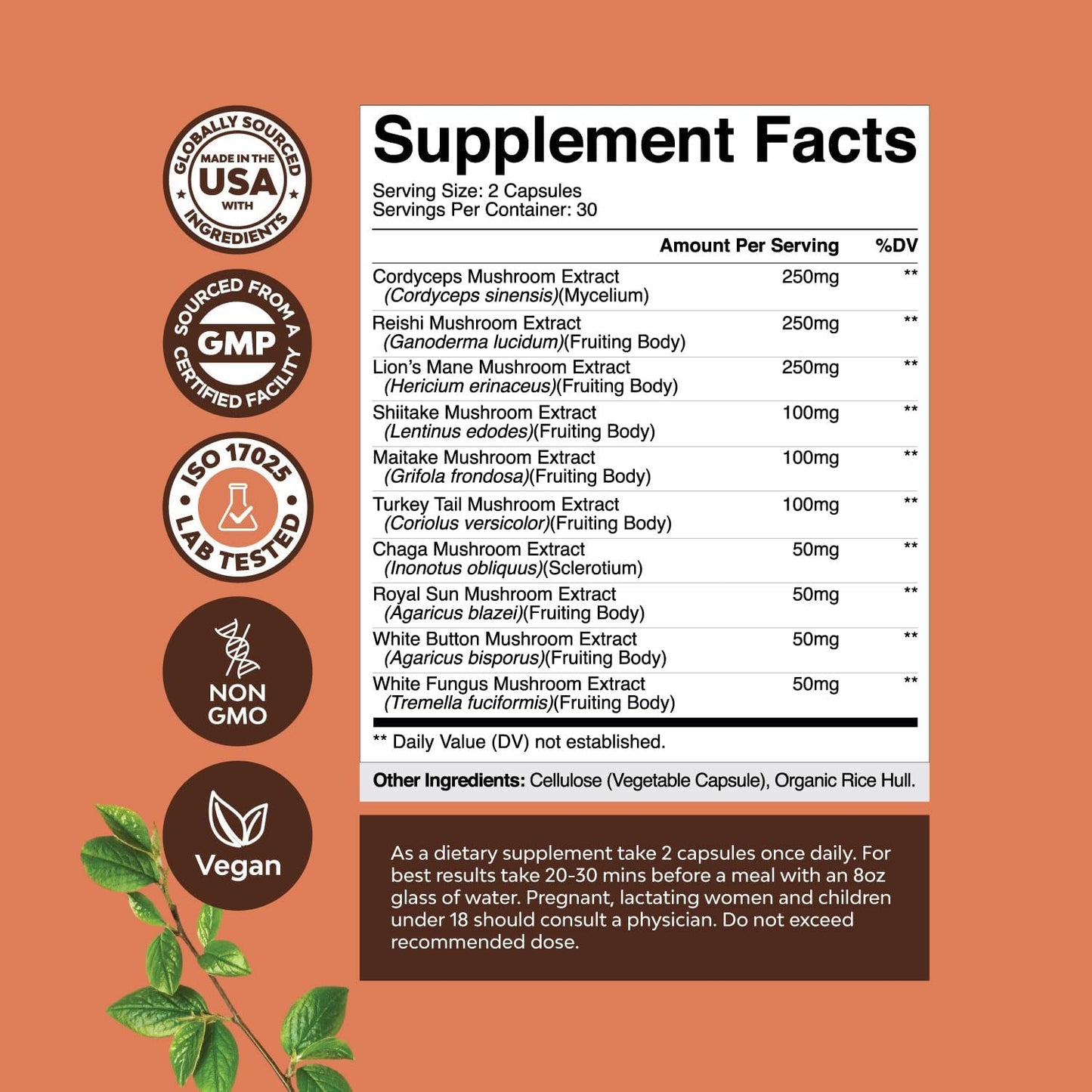 Natures Craft Mushroom Complex Capsules - 10X Lions Mane Supplement with Reishi, Chaga, Maitake & Shiitake - Brain Health, Memory, Focus - Nootropic for Mental Clarity - 60 Caps
